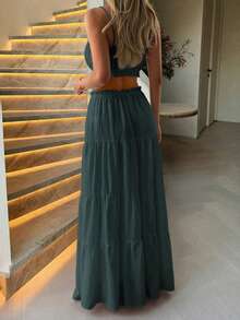 Bộ đồ du lịch biển 2 mảnh Look Polly dành cho nữ, áo hai dây không dây màu trơn và chân váy dài, quần áo nữ, mùa tựu trường, trang phục mùa thu toàn màu trắng, thích hợp cho nhà thờ, kỳ nghỉ, buổi hòa nhạc, bộ đồ mặc nhà thường ngày, bộ đồ thanh lịch cho quý cô, bộ đồ đi biển, dòng quần áo thời trang. - Màu xanh lá cây đậm - Xem 3