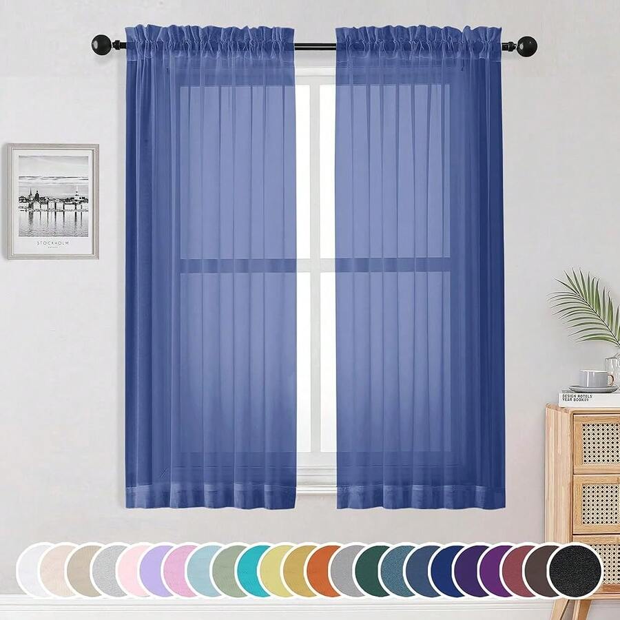 OWENIE Sheer Curtains 63 Inch Length 2 Panels Set, Light Weight Soft Solid Fimly Sheer Curtains For Bedroom Living Room, Light Filtering Airy Voile Sheer Curtain, Royal Blue, 42Wx63L Inch,42inchWx63inchL(Packof2),RoyalBlue - 皇家藍 - 查看 1