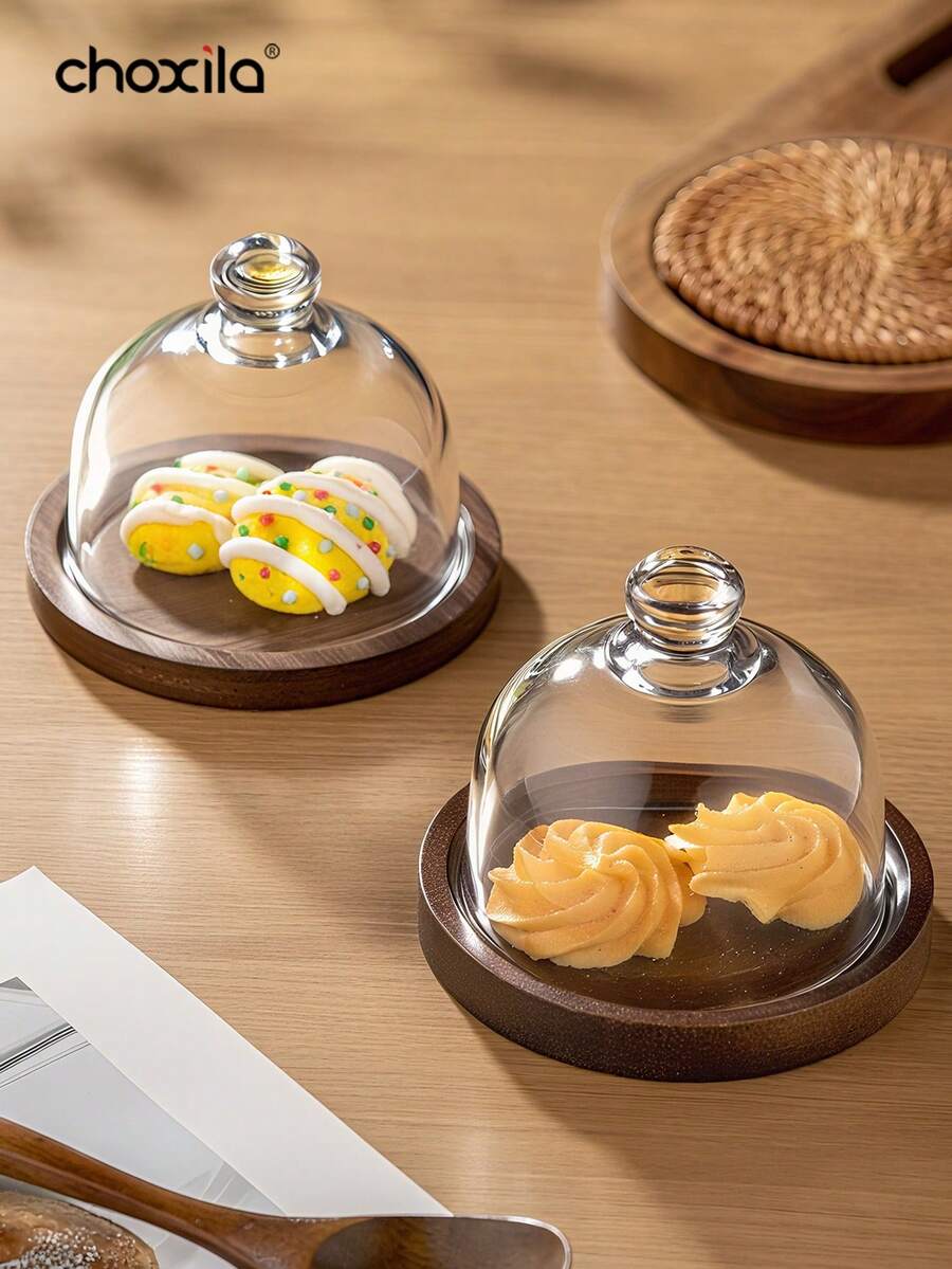 choxila 1pc Glass-Covered Dessert Dish With Lid, Nut Dish, Dessert Bowl, Dessert Cover, Japanese-Style Glass Storage Container With Lid, Serving Tray, Snack Tray – Suitable For Living Room/Dining Room/Office/Cafe/Restaurant. Perfect For Storing Dried Fruits/Nuts/Tea/Coffee Beans/Fruits/Snacks - Dessert Plate - View 1