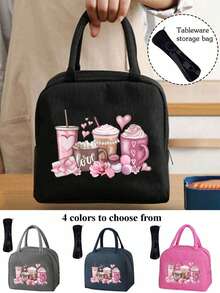 4-Cup Boba Tea Pattern Insulated Lunch Bag, Pink Heart & "True Love" Graphic Insulated Lunch Box With Black Utensil Pouch, Large Capacity Student Thermal Cooler Bag - Multicolor - View 17