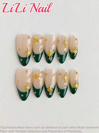 10 st handgjorda akryl press-on naglar, nageltillbehör, mandelnaglar, press-on naglar medium, genomskinliga naglar gröna naglar julnaglar, billiga, söta naglar, fransk tip naglar, höst press-on naglar, fest, guldpärlor, lösnaglar, nagelset, UV-ljusnaglar, nagelkonstverktyg,