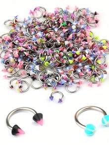 10/50/100个亚克力马蹄形鼻环圆形杠铃唇眉饰品耳软骨穿孔耳环随机颜色和图案 - 彩色 - 查看 8