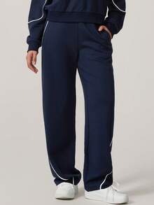 NcmRyu 1pc Women High Waist Straight Leg Striped Sports Pants With Side Pockets - Navy Blue - View 8