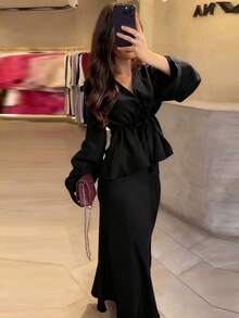 优雅抽绳腰带荷叶边上衣和长裙套装 – 秋季两件套女装，简约时尚，黑色系，春季服装，夏季女装，度假女装，优雅派对套装，优雅女士套装，休闲女士套装，度假女装，夏季度假装 - 黑色 - 查看 2