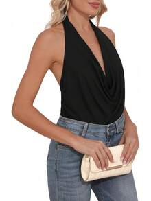 DB MOON - playera sin mangas con cuello halter para mujer, sexy, sin espalda, lindas camisas casuales fruncidas - Negro - - Ver 4