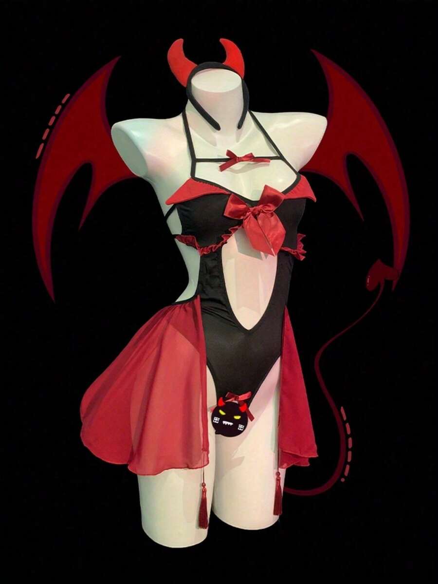 "Little Devil" Sexy Role Play Costume, Halloween Suit, Black Suit, Jumpsuit, Vampire Combat Robe, Pure Desire Underwear Jumpsuit, Suitable For Women's Date - 紅色 - 查看 1