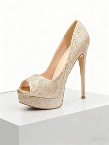 MERUMOTE Women's Platform Stilettos Peep Toe High Heels Slip On Pumps Sexy Dress Shoes For Party Prom Wedding - Gold Glitter - 查看 5
