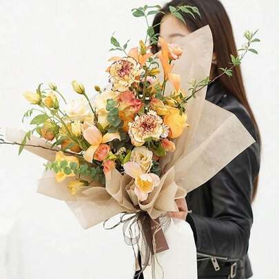 1 Rollo de papel de regalo con estampado de caramelos y flores, adecuado para arreglos florales, ramos de flores, ramos redondos, pastelerías, papel de grano de madera coreano no tejido, aplicable para el empaque de ramos de flores en la floristería