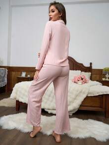 Nina Bonheur 两件套女士宽松前开襟长袖衬衫+松紧腰直筒裤睡衣套装 - 淺粉色 - 查看 4