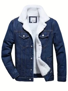 Autumn And Winter Men's Jacket Men's Denim Fleece Jacket Winter Casual Thickened Denim Jacket For Men - 寶藍色 - 查看 1