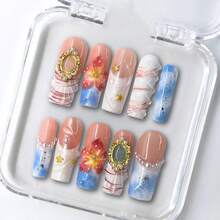 DiDazzle 10 PCS Handmade Square Press - On Nails | Pink - Blue Nails With Acrylic Pink & Blue Bases, Floral & Gem Frame Embellishments - 紅白色 - 查看 9