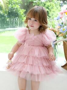 Baby Girls' Pink 3D Butterfly Tulle Puff Sleeve Elegant Party Princess Dress, Suitable For 1st Birthday Gift, Wedding Flower Girl, Banquet, Prom, Holiday Celebration - Pink - View 8