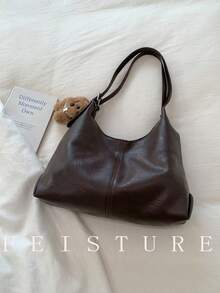 1 pieza Bolso de hombro de mujer de gran capacidad de unicolor FEISTURE PU, con cierre magnético y colgante de peluche, adecuado para salidas diarias, citas y viajes - Café - Ver 7