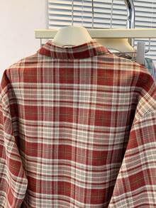 Women's Vintage Red Plaid Front Button Pocket Casual Shirt, Suitable For All Seasons - Red - View 8
