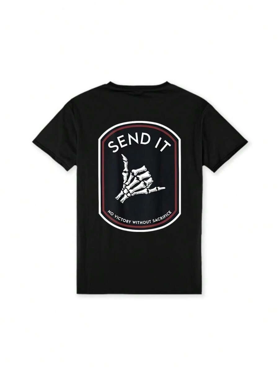 Cotton Short Sleeve Send It No Victory Without Sacrifice (On Back) T-Shirt For Men - Black - View 1