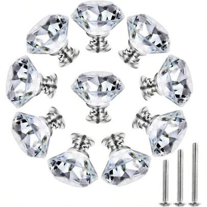 Cabinet Knobs - Crystal Dresser Knobs For Cabinets And Drawers 30mm- Diamond Glass Pulls Handles 10 Pack Silver