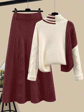 新年时尚优雅宽松休闲女式高领套头长袖撞色毛衣和半裙两件套，女士秋冬装