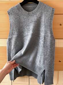Casual Minimalist Versatile Commuter Pullover Sweater, Christmas Plus Size Women's Sleeveless Vest, Spring/Autumn/Winter, Fashionable Solid Color Round Neck Knit Cardigan With Slit Hem For Plus Size Women - Grey - View 1