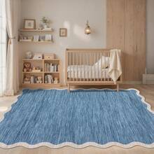 1Pcs Room Decor Modern Washable Scalloped Border Solid Blue Area Rug For Living Room Indoor Bedroom Foldable Floor Mats, Soft Low Pile Non Shedding Carpets For Offices Non-Slip Runner For Hallway Dorm - 灰藍色 - 查看 2