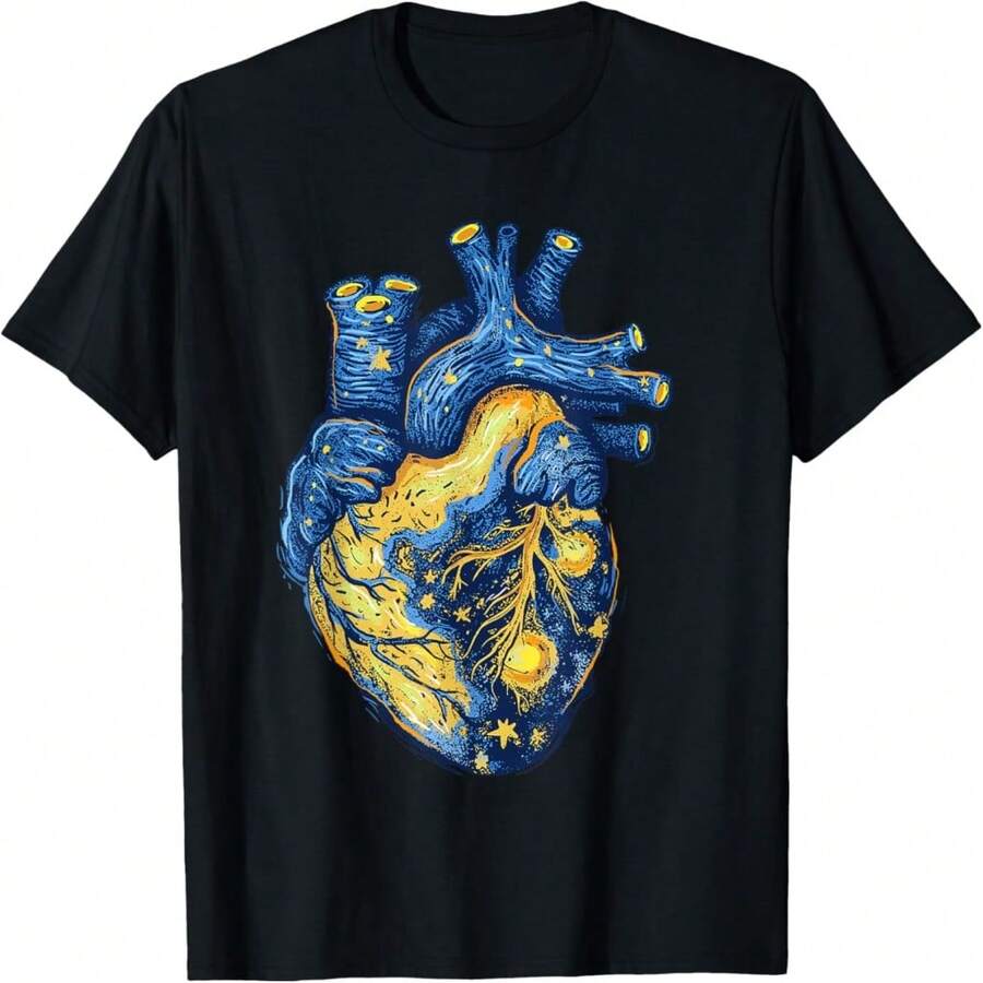 Van Gogh Shirt Ry Night Heart Painting Anatomical Heart T-Shirt - 黑色2 - 查看 1