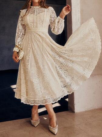 Simplee Plus Size Women's Elegant Solid Color Lace Long Sleeve A-Line Maxi Dress, Vintage Flared Hem Party Dress, Birthday Dress