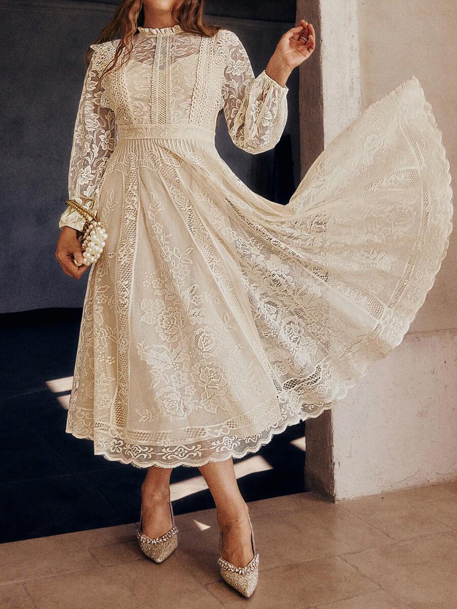 Simplee 大码女装春夏新款优雅纯色蕾丝长裙，长袖立领A字复古大摆正式礼服，派对礼服，生日礼服