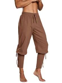 Men's Solid Color Drawstring Waist Medieval Costume Cosplay Renaissance Viking Pants - Brown - View 14