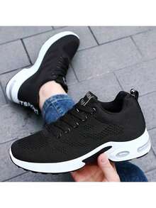 Unisex Height-Increasing Training Shoes - Breathable Fabric Low-Top Sneakers With EVA/PVC Grippy Soles For Walking, Hiking, Camping - All-Season Comfort & Durable Design (Black/Red/White), Hiking Boots, Outdoor Footwear, Flexible Footwear - 黑色 - 查看 3