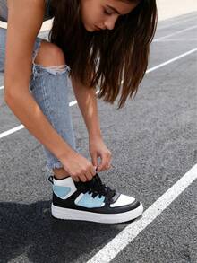BAOLIANGXIONG Color Block Casual Student Sneakers, Sport Shoes Women's Casual Sports Shoes, Fashionable Sneakers With Thick Soles, Low-Cut Lace-Up White Black Blue Shoes, Outdoor Shoes - Giày cao cổ White Black Moon - Xem 2