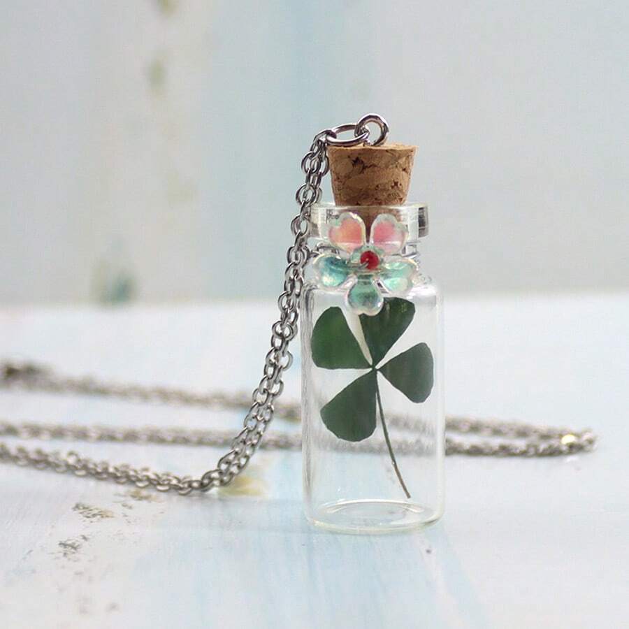 1件装新鲜四叶草和满天星许愿瓶项链，含干花 - 銀色 - 查看 1