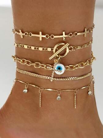 5Pcs Boho Chic Cross & Evil Eye Charm With Rhinestone Inlaid Anklets Set For Women Daily & Vacation Wear,Ideal Match For Summer Beach