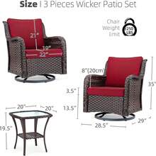Conjunto de exterior de 3 piezas: mecedora giratoria de mimbre, silla mecedora giratoria de 360 ​​grados, elegante conjunto de bistró de mimbre para patio con mesa auxiliar con tapa de vidrio templado - Rojo - Ver 5