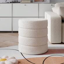 Round Pouffe Stool Liviing Room Bedroom Footstool Teddy Fleece Dressing Table Stool Hallway Shoe Stool - Cream White - View 12