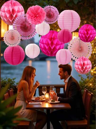 16/13pcs Romantic Valentine's Day Party Decorations Paper Flower Balls, Pink Paper Flower Balls, Mother's Day Party Backdrop Decor Pom Poms, Valentine's Day Surprise Supplies, Anniversary Backdrop Decor, Sweet Wedding Decorations, Suitable For Valentine's Day, Mother's Day Holidays, Anniversary, Wedding Decoration Supplies