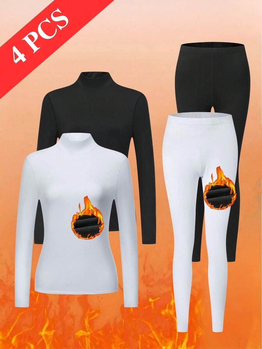 4 Pack High Neck Long Sleeve Regular Thermal Underwear Set Thick And Plush High Neck Thermal Underwear Set - Multicolor - View 1
