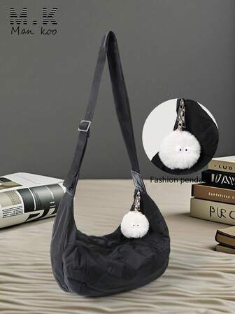男士休闲单肩包 - 带吊坠 - 手提包，大容量轻便斜挎包，休闲流浪包，新月形单肩邮差包，尼龙背包（拉链方向随机，左或右）节日收纳包