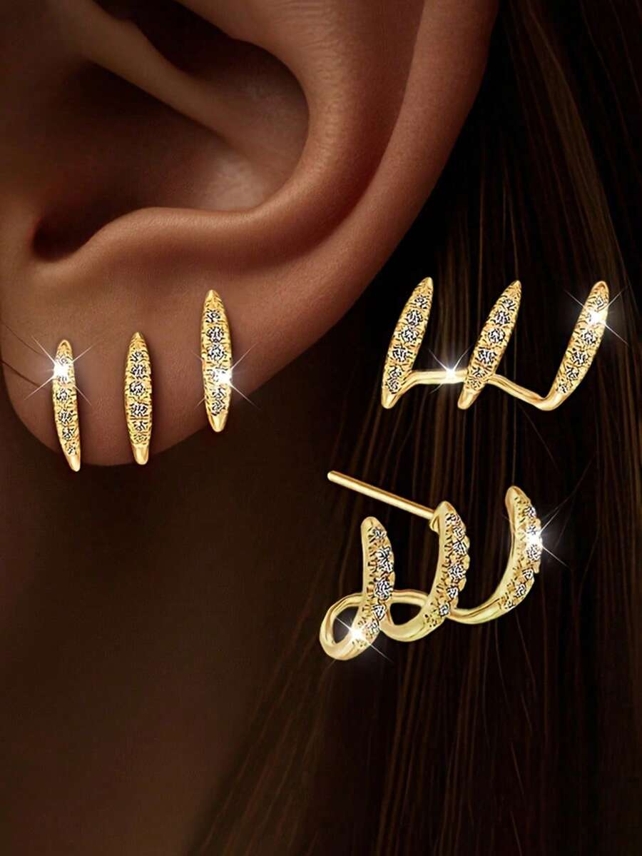 2pcs New Diamond Inlaid Minimalist Design Layered Curved Earrings For Women - Gold - View 1