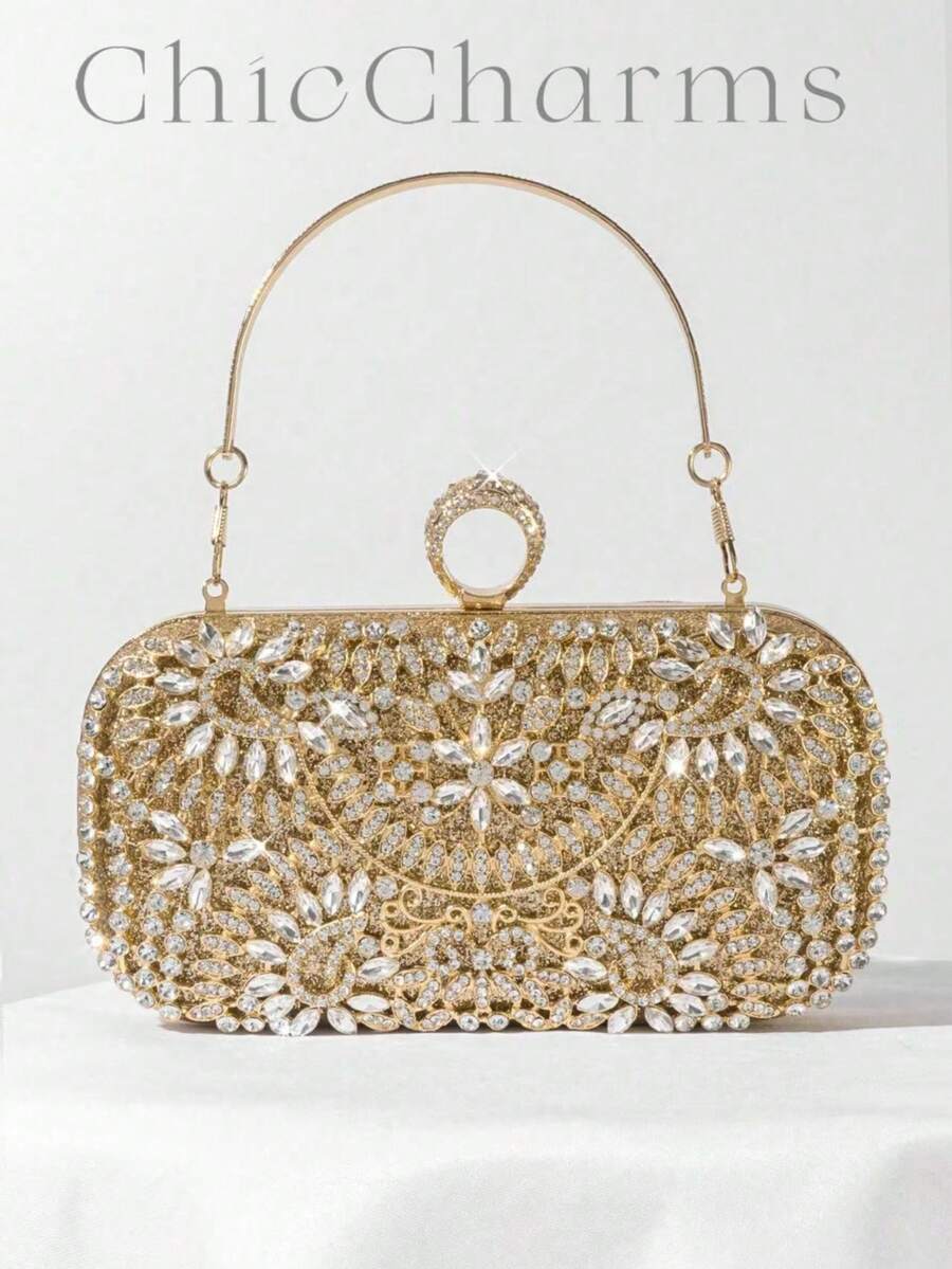 晚宴包鑲鑽女士手拿包，適用於宴會雞尾酒連衣裙婚禮派對 - 金色 - 查看 1