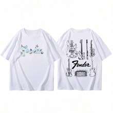 Summer  T-Shirt Fender Electric Guitar Band Short Sleeved Boys And Girls Summer Guitarist Costumes Around Printed T-Shirt - 白色 - 查看 5