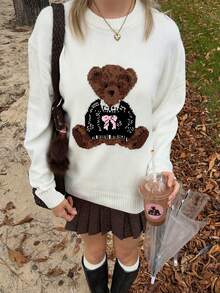 Women's Autumn And Winter New Knitted Round Neck Little Bear Pattern Pullover Sweater Casual Simple Cute Fall Streetwear New Year