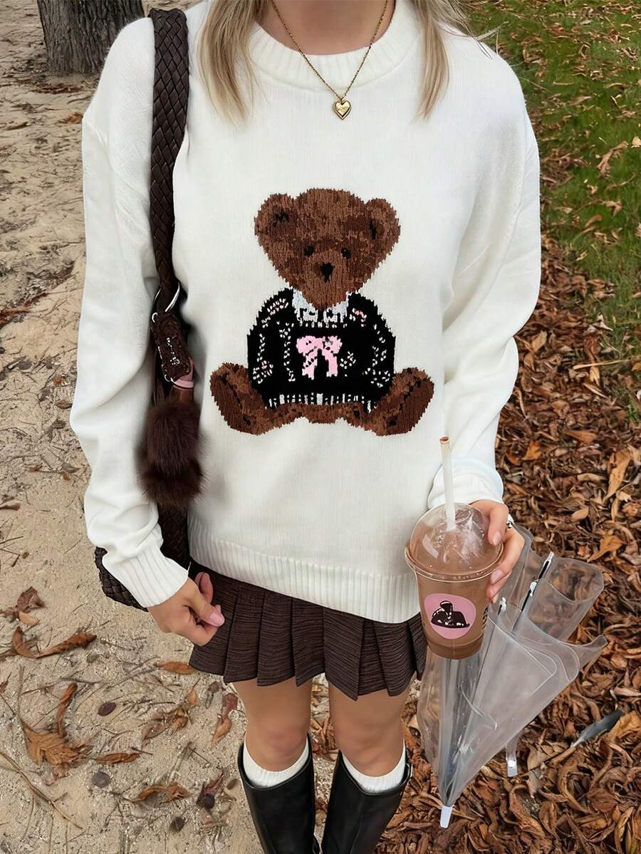 Women's Autumn And Winter New Knitted Round Neck Little Bear Pattern Pullover Sweater Casual Simple Cute Fall Streetwear New Year