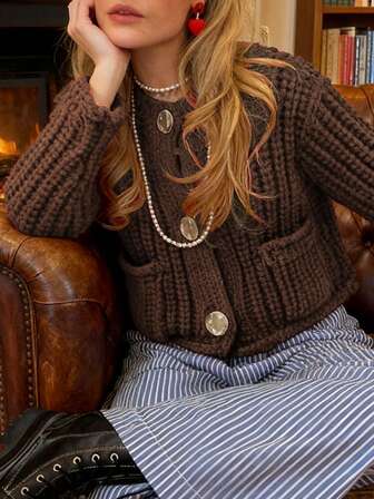 Winter Cothes For Women's Burgundy Fashionable Solid Color Cable Open Front Button Drop Shoulder Sleeve Round Crew Neck Warm Knit Sweater Pullover Cardigan Holiday Clothes