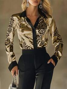 1 pieza Camisa de manga larga con botones y estampado de leopardo en todo el Body de satén para mujer, elegante y de moda para vacaciones, oficina, hogar, uso diario, festivales, todas las estaciones