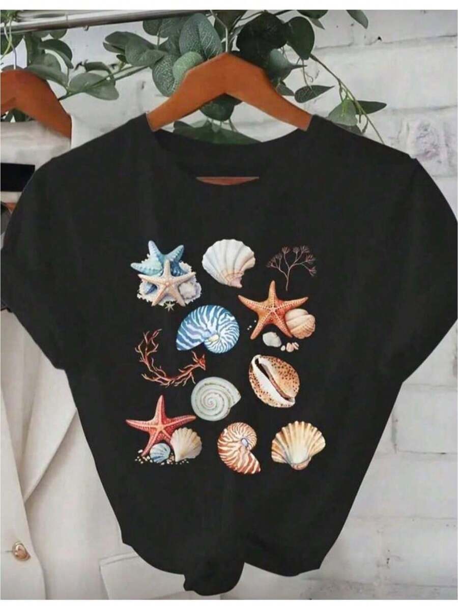 Women's T-Shirt With Stars And Seashells, Round Neck And Short Sleeves, Soft And Comfortable Fabric - 100% Cotton - 黑色 - 查看 1