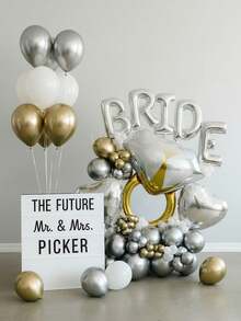 62 piezas/Set Decoración de fiesta nupcial Conjunto de globos | Globo de foil gigante en forma de anillo de diamante dorado + Globos de látex de 10" en dorado/plateado/blanco | Globo de foil plateado de 16" con la letra "NOVIA", decoración para despedida de soltera, fiesta de novia - Multicolor - Ver 1