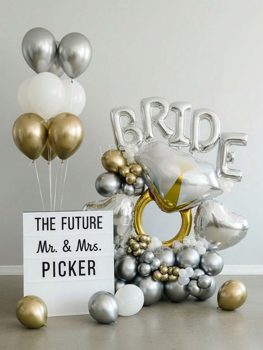 62 piezas/Set Decoración de fiesta nupcial Conjunto de globos | Globo de foil gigante en forma de anillo de diamante dorado + Globos de látex de 10" en dorado/plateado/blanco | Globo de foil plateado de 16" con la letra "NOVIA", decoración para despedida de soltera, fiesta de novia - Multicolor - Ver 1