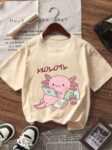 3pcs Tween Girls' Cartoon Axolotl Print Casual Short Sleeve T-Shirts, Young Students' Summer Tops Kids Love - Multicolor - View 5