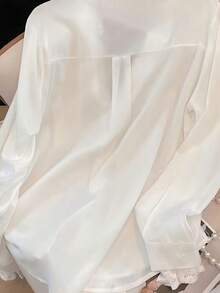 1pc Solid Color Polyester Lace Patchwork Front Button Pocket Women Shirt, Suitable For Vacation, Holiday, Office, Home Wear, Spring, Summer, Autumn White - White - View 2