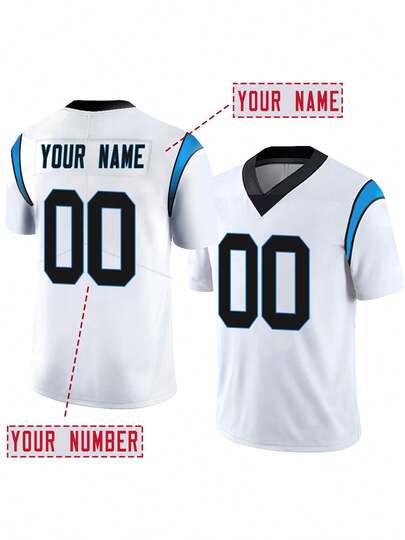 Customized Name And Number Men's Embroidered American Football Jersey Carolina White V-Neck Personalized Short Sleeved Shirt Party Game Training Competition Sports Top DIY S-XXL