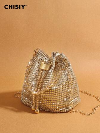 Pulsera de metal de alta gama hecha a mano con rhinestones, cadena de perlas y cristales de lujo en color dorado, bolso de cubo de PVC y tela, bolso de mujer elegante de gran capacidad para ir al trabajo, bolso minimalista versátil, adecuado para Halloween, Navidad, trabajo, compras, vacaciones, viajes, eventos formales, otoño/invierno
